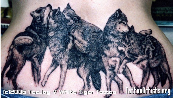 Wolves family tattoo on back by Teejay at White Tiger Tattoo