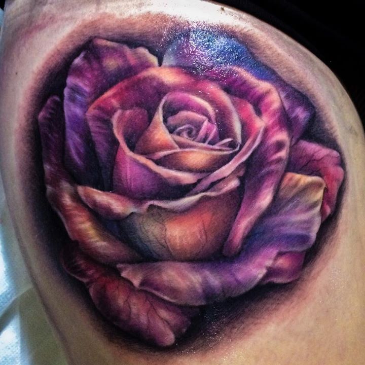 Awesome rainbow rose tattoo by Samm Lacey