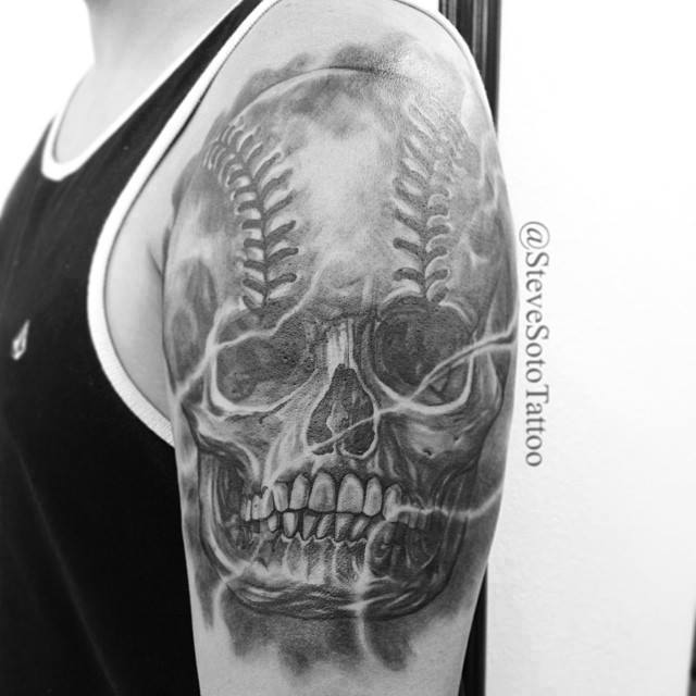 Baseball Skull Tattoo On Left Shoulder