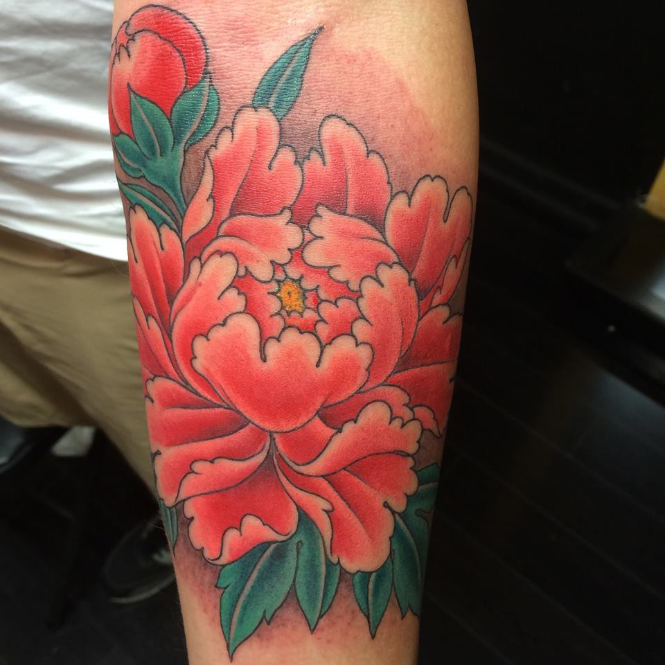 Beautiful Peony Tattoo On Left Arm By Chris Garver
