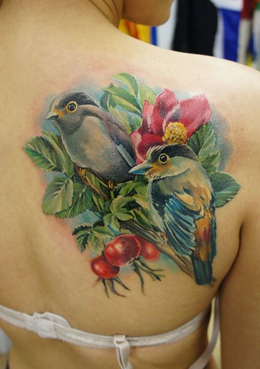 Birds & Dogrose tattoo on back shoulder