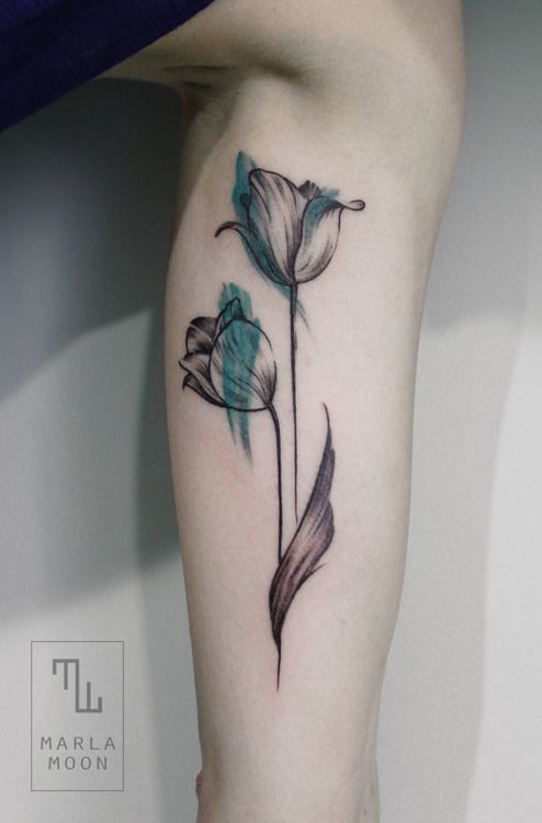 Black & green tulips tattoo by Marla Moon