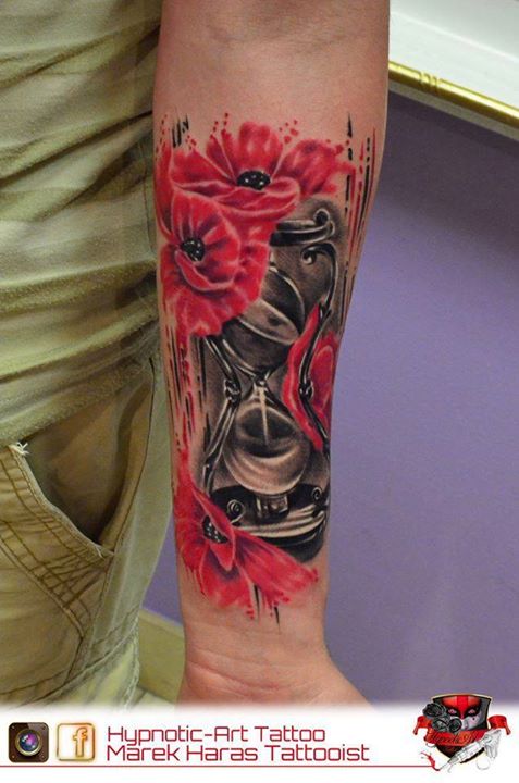 Black ink Hourglass with red flowers tattoo by Marek Haras