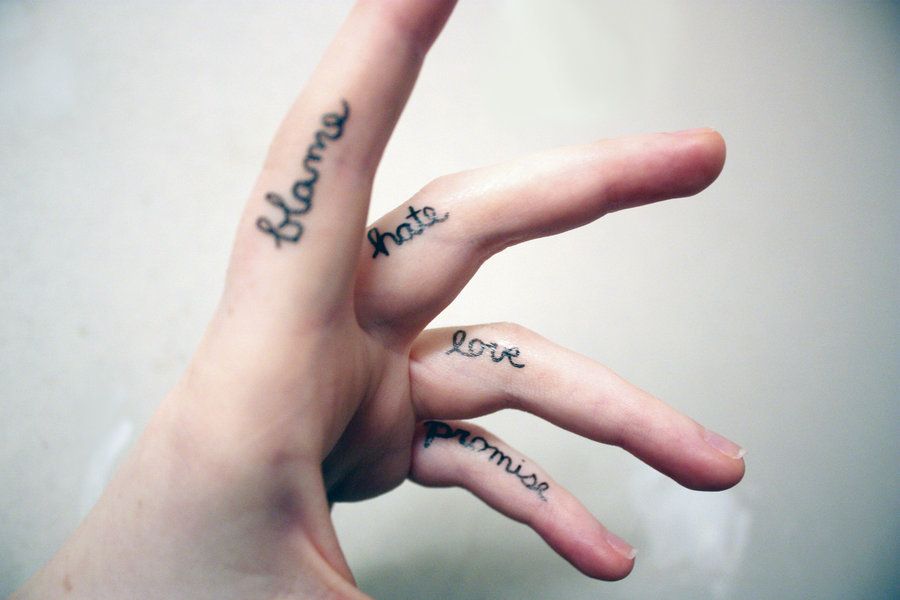Blame Hate Love Promise words finger tattoo