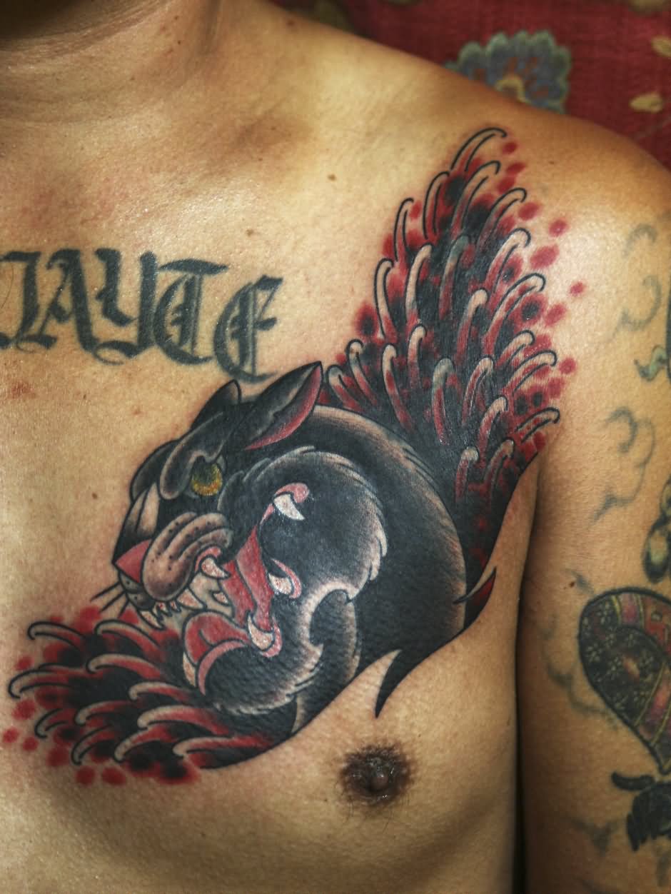 Color Panther Tattoo On Chest By Eddie Lefty Molina