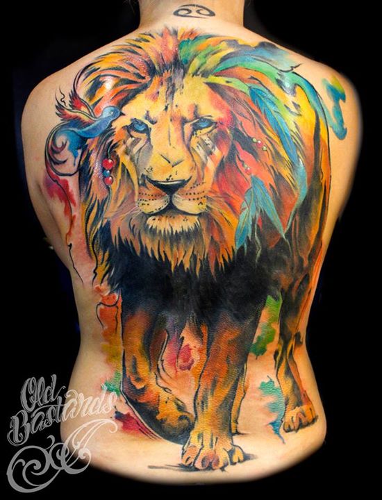 Colorful Lion Tattoo on Girl's Back by Dorin Constantinescu