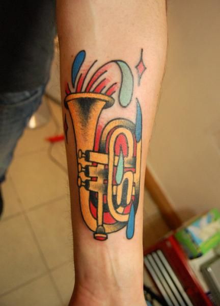 Colorful Trumpet Tattoo on Forearm