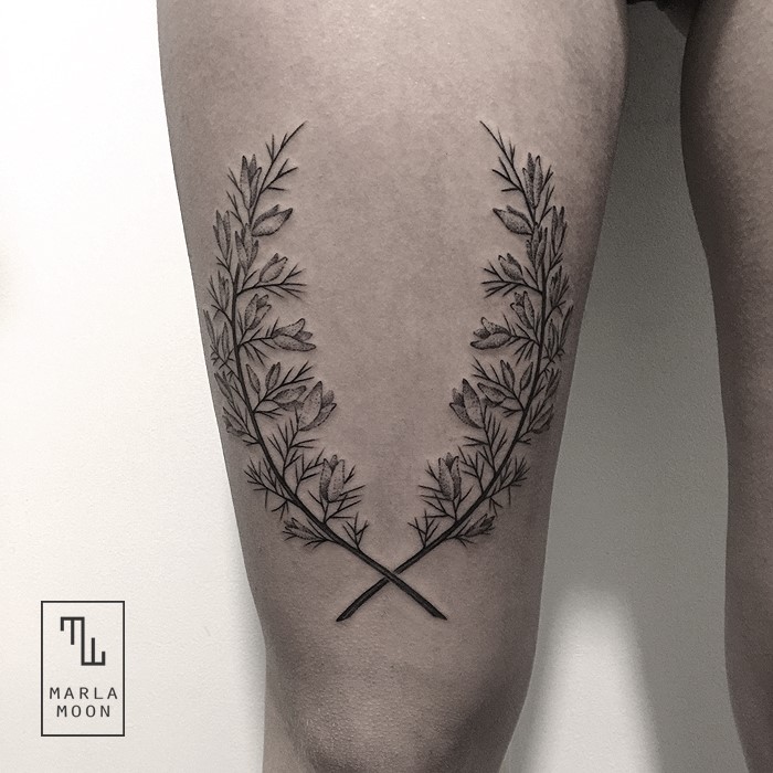 Cross Ulex europaeus tattoo on thigh by Marla Moon