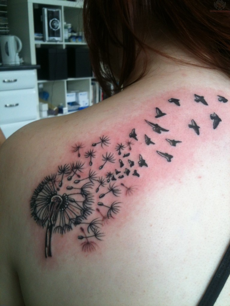 Dandelion flying out with birds tattoo on back shoulder