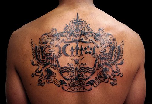 Family Crest Tattoo On Upper Back
