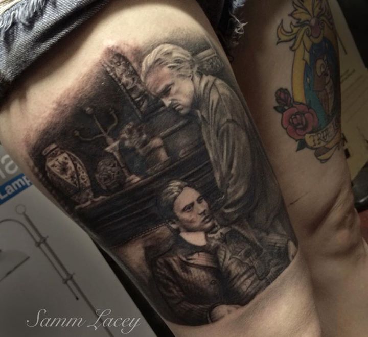 Godfather tattoo on thigh by Samm Lacey