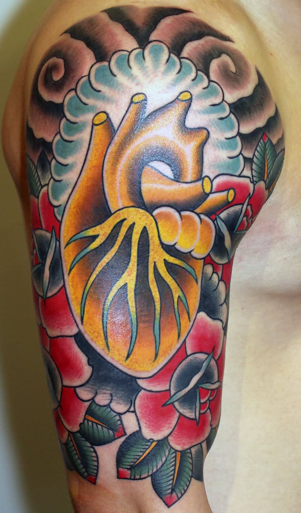 Golden heart & roses tattoo on half sleeve