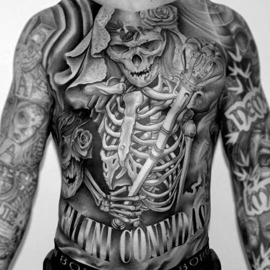 Grey Ink Skelton, Flowers & Lettering tattoo on full body