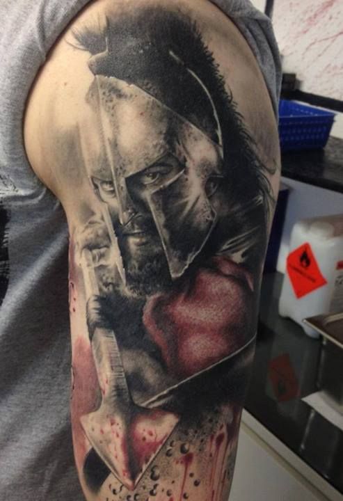 Grey Ink Warrior Tattoo On Left Half Sleeve