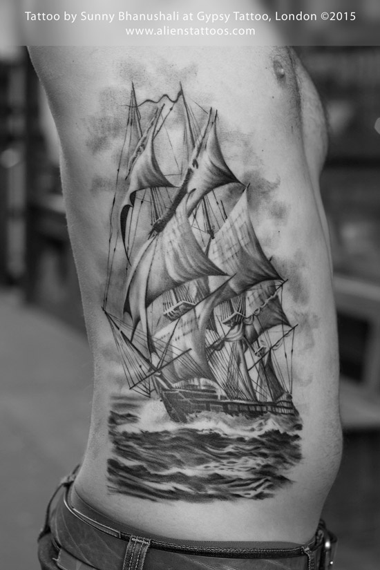 Grey ink ship tattoo on siderib by Sunny Bhanushali