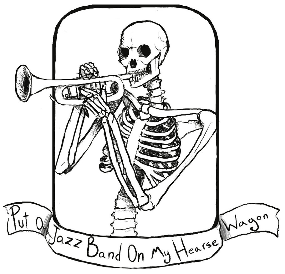 Human skeleton playing trumpet tattoo design by ViperPanthera