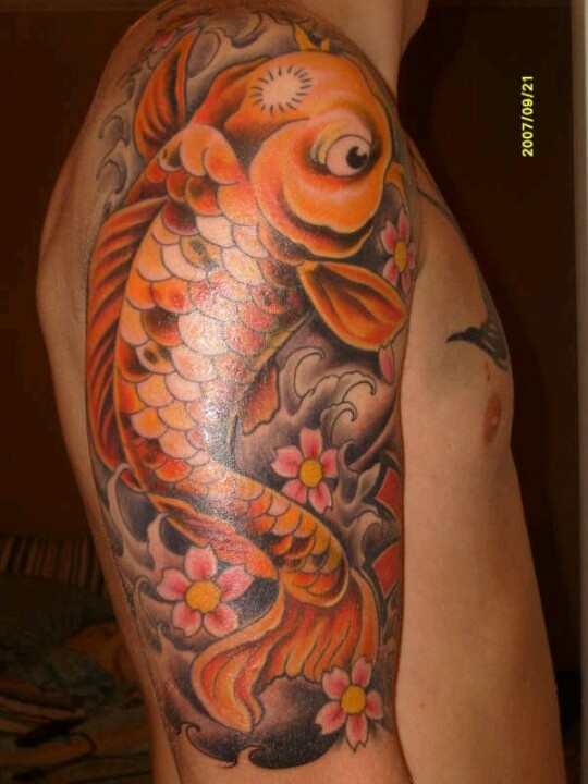 Koi Fish Tattoo On Right Half Sleeve For Men