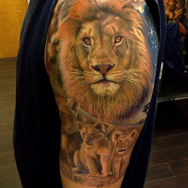 Lion With Lioness and Cubs Tattoo On Half Sleeve