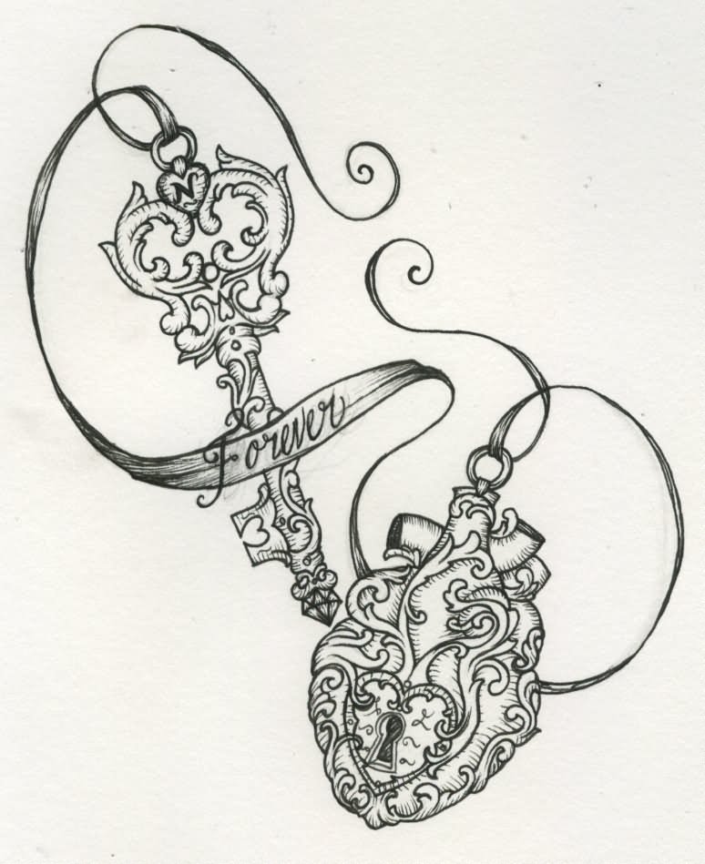 Heart shaped Lock and Key Tattoo Design by Misstell