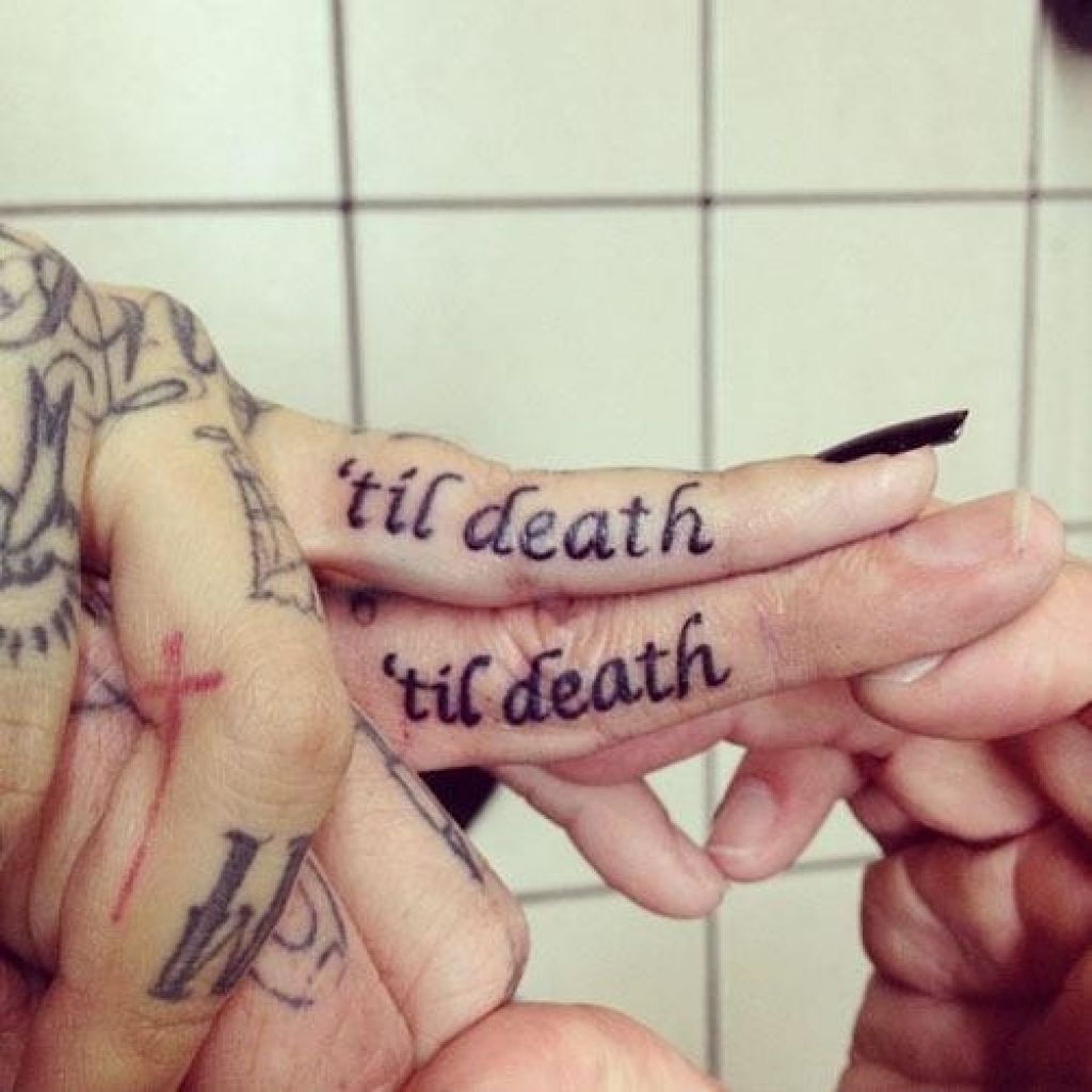 Matching Couple Wording Til Death Tattoo on Fingers