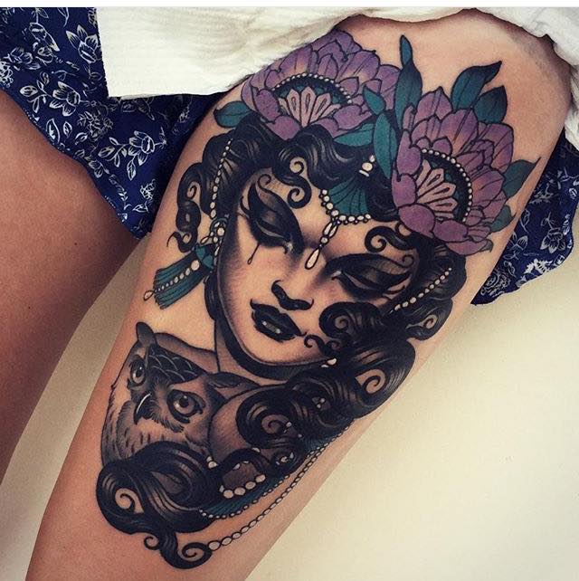 New School Gypsy Girl Tattoo On Thigh By Emily Rose Murray