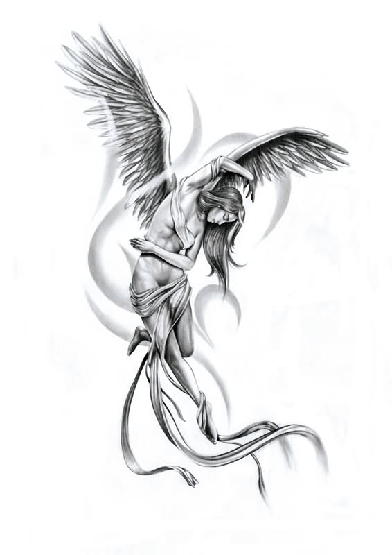 Open Winged Dancing Angel Tattoo Design
