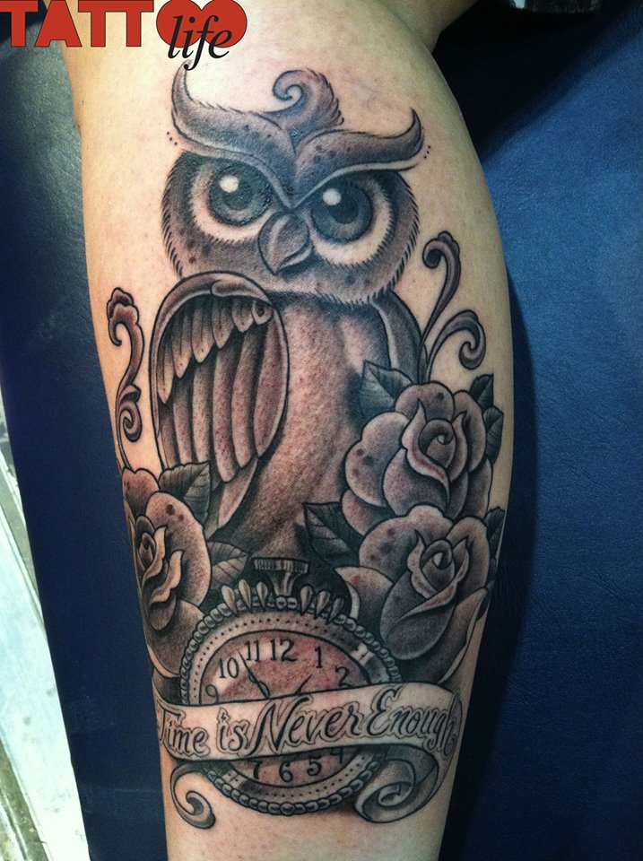 Owl with clock and roses tattoo by Corey Miller