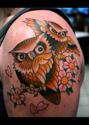 Owls Tattoo on Shoulder by Mark Heggie