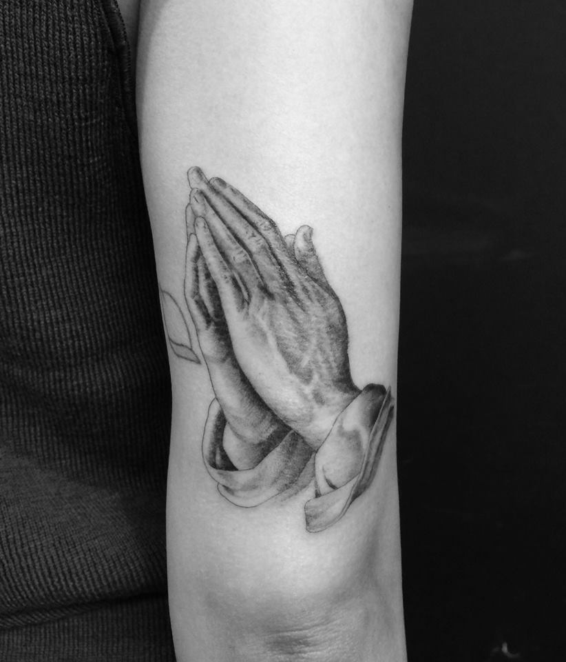 Praying Hands Tattoo On Bicep by Chris Garver