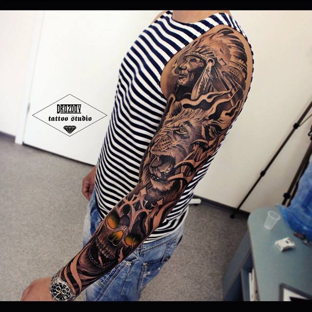 Realistic 3D Tribal man, tiger and skull tattoo on full sleeve