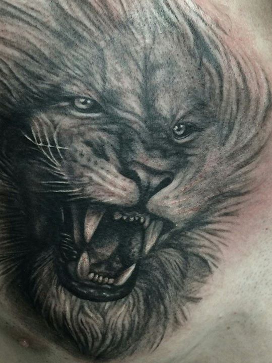 Realistic roaring lion tattoo by Samm Lacey