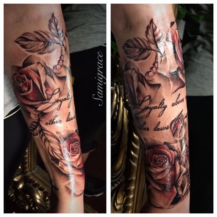 Roses with wording loyalty above all laws tattoo