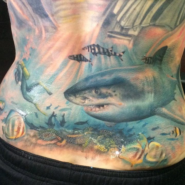 Shark with Sea diver and fishes in ocean tattoo