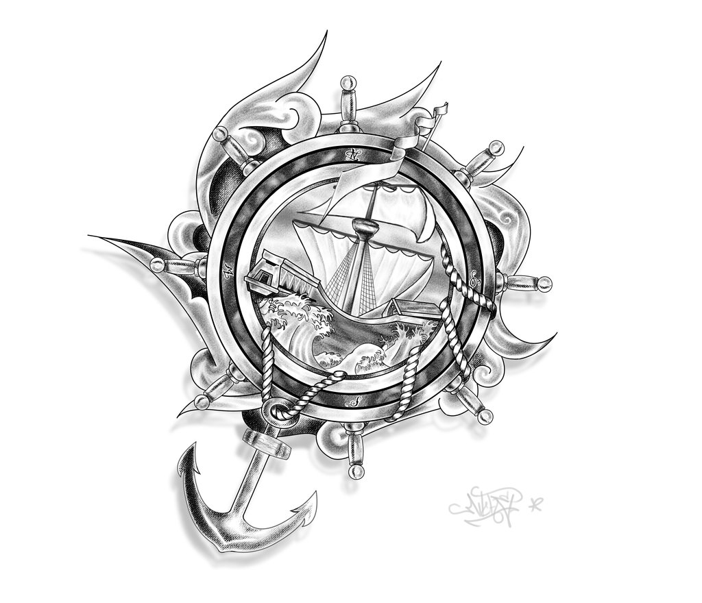 Ship, anchor and ropes tattoo design