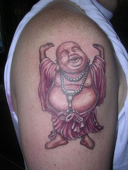 Standing Laughing Buddha Tattoo on Shoulder