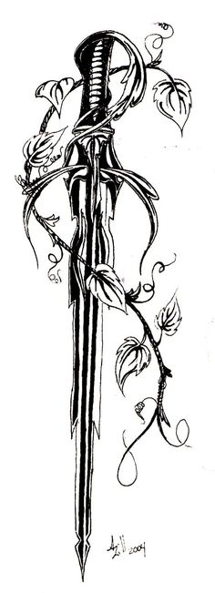 Sword tattoo with vine leaves tattoo design