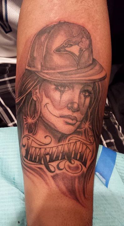 Toronto Gangster Clown Girl Tattoo On Left Arm