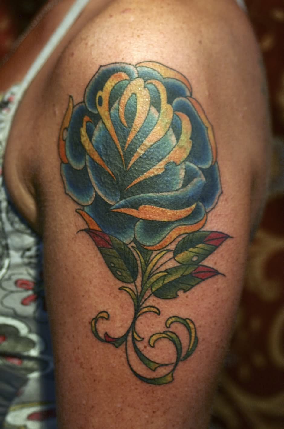 Traditional Blue Rose Tattoo On Shoulder By Eddie Lefty Molina