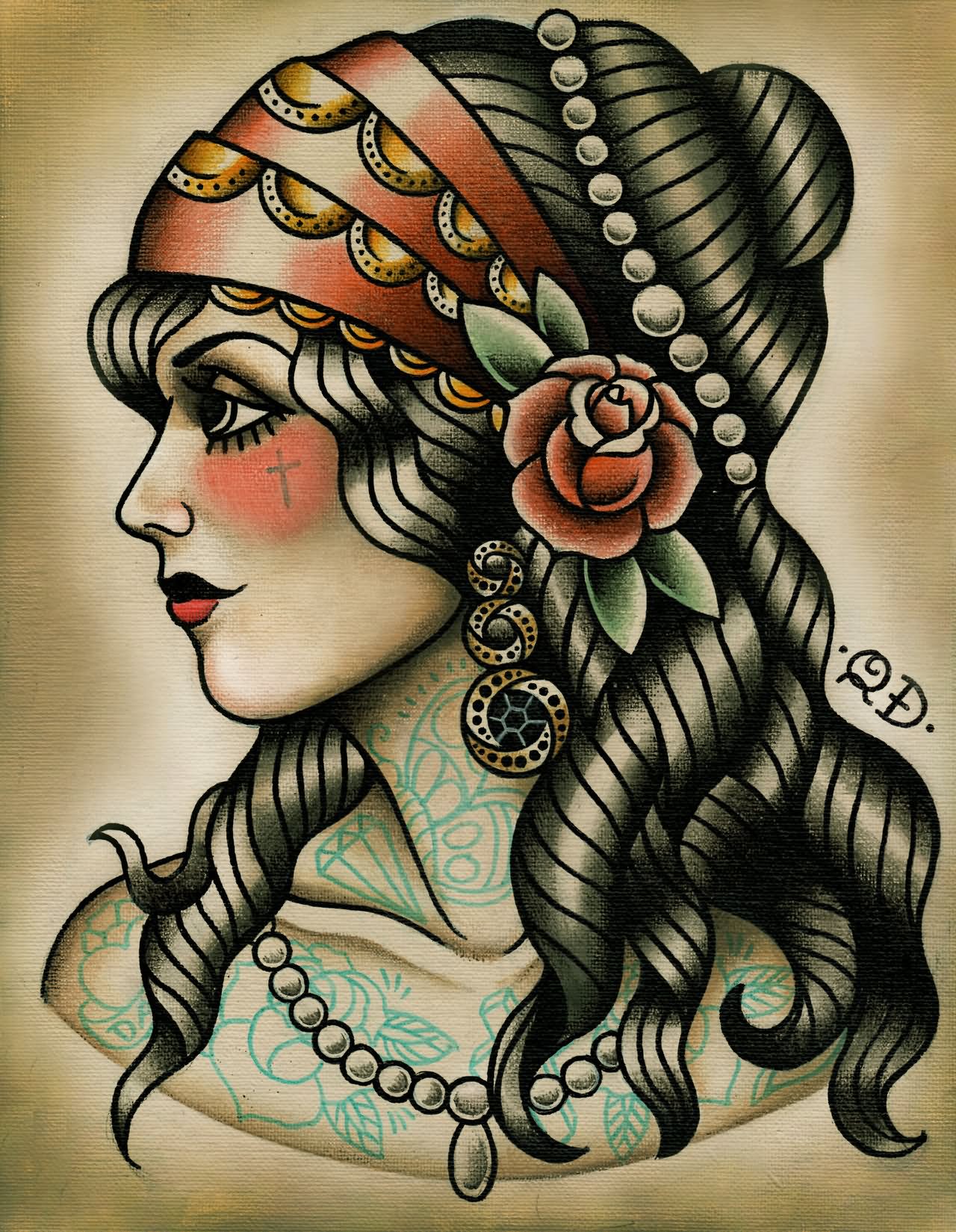 Traditional Gypsy Girl Tattoo Design Flash