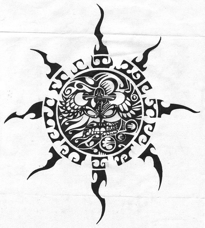 Tribal face centered sun tattoo design