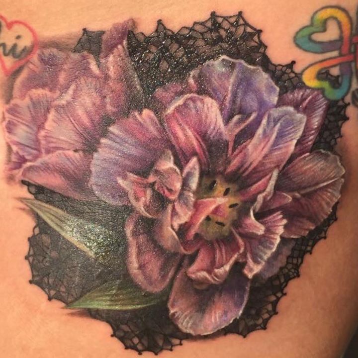 Tulips and lace tattoo by Samm Lacey