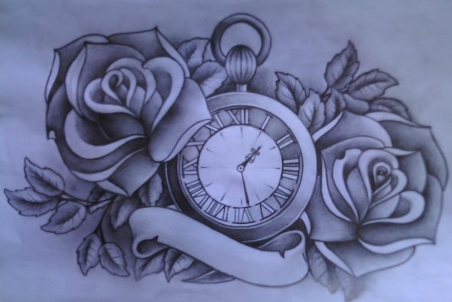 Watch with roses tattoo design