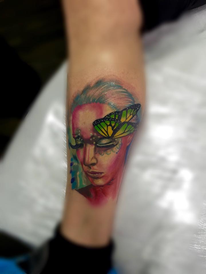 Watercolor Girl Face And Butterfly Tattoo On Leg By Alex Gallo