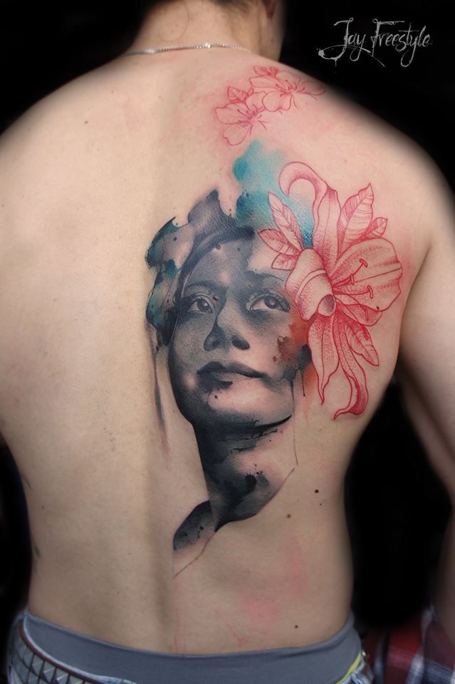 Watercolor Portrait Tattoo On Back By Jay Freestyle
