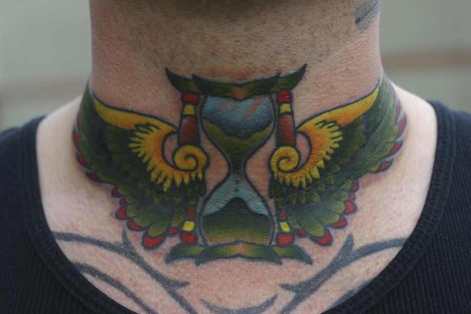 Winged Hourglass Tattoo On Jake's Neck
