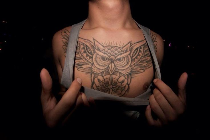 Winged Owl With Nautical Compass Tattoo On Chest by