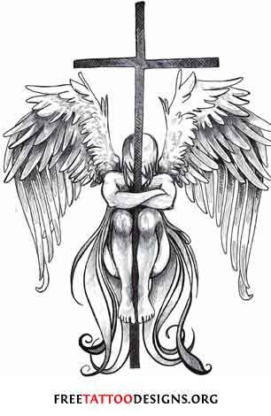 open Winged Angel With Cross Tattoo Design