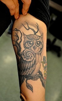 own sitting on tree tattoo on arm by Corey Miller