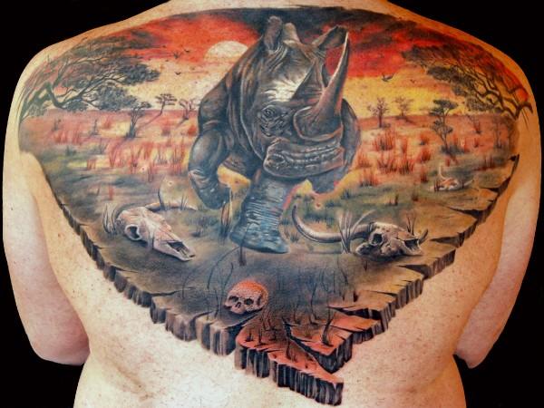 3D Rhino Tattoo On Back by Alex De Pase