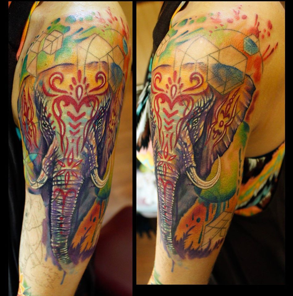 Abstract Elephant Tattoo On Left Half Sleeve